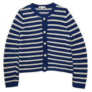 ALEX MILL Hailey Cardigan Sweater SIZE M Deep Royal Ivory Striped Cotton Jumper